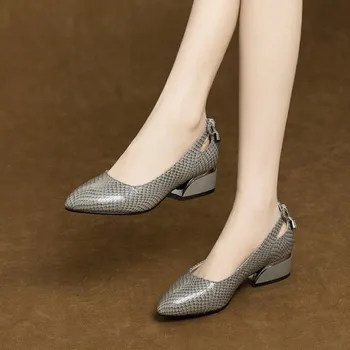 2023 Женские туфли-лодочки, лаконичный змеевидный дизайн, женская обувь из натуральной кожи с острым носком, Толстый каблук, Весна-осень, модная офисная женская обувь
