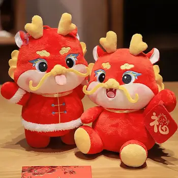 2024 Китайский Новый Год Зодиакальный Дракон Плюшевая Игрушка Милое Чучело Красного Дракона Талисман Плюшевая Кукла для Детей Весенние Праздничные Подарки