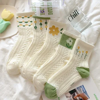 5 Пар Носков с милыми цветочками, осенние и зимние Зеленые Носки для девочек, Женские Свежие Белые носки средней длины