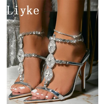 Liyke, Новые модные блестящие стразы, босоножки на высоком каблуке, женские летние пикантные туфли с острым носком, хрустальная цепочка, ремешок на щиколотке, обувь для выпускного вечера