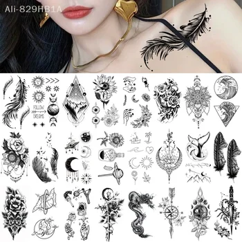 Водонепроницаемая временная татуировка, наклейка с пером, ключица, лодыжка, флэш-тату, Дракон, Змея, Цветы, боди-арт, рука, татуировка на рукаве, женщины